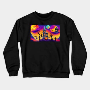 Haunted Castle in the Middle of a Cemetery with Pumpkins and Jack-o'-lanterns Crewneck Sweatshirt